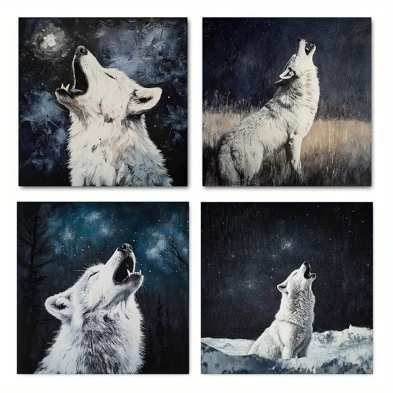 4pcs Howling Wolf On Grunge Black Background  Wall Art Canvas Framed