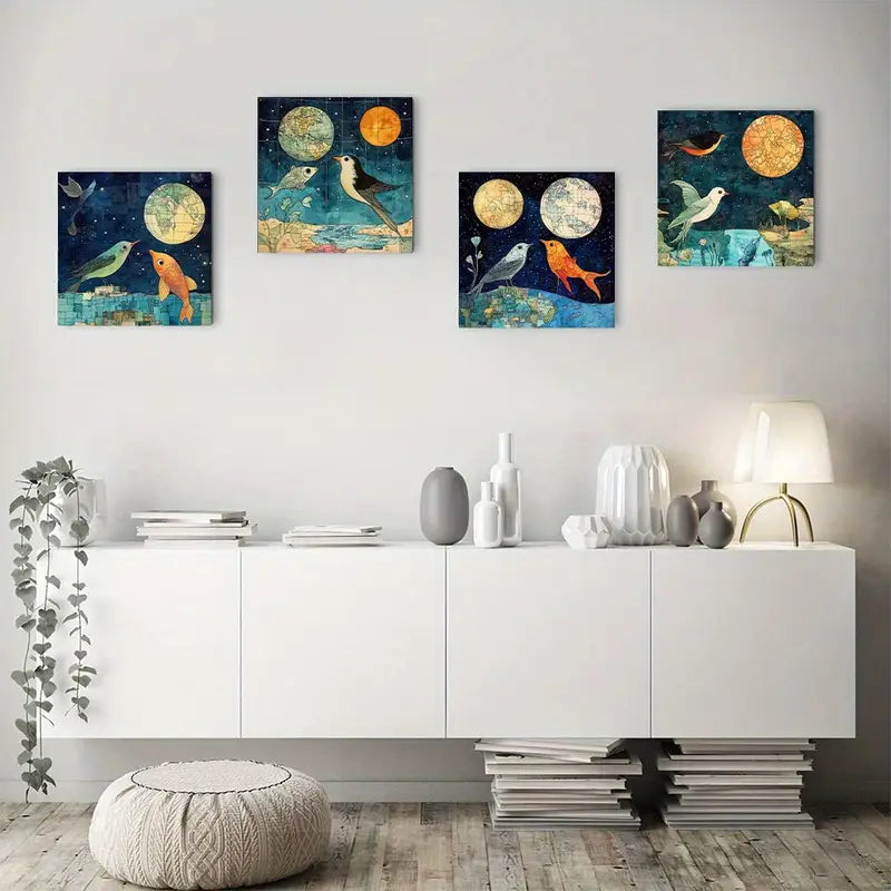 4pcs Full Moon Night Birds & Fish in Water Wall Art Canvas Framed