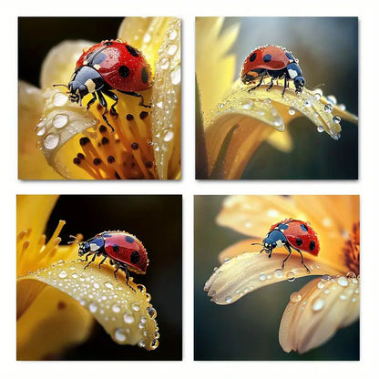 4pcs Ladybug & Floral Canvas Prints Wall Art Canvas Framed