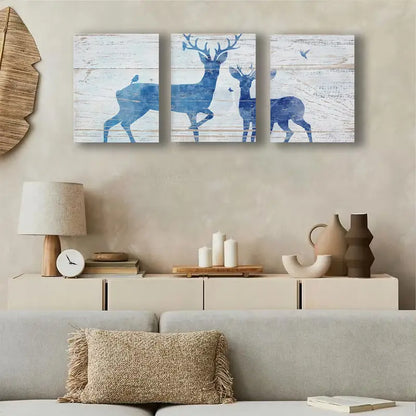 3pcs Blue Watercolor Deer Duo Birds Metal Print Ready to Hang Art