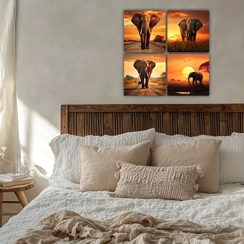 4pcs Panel African Elephant Sunrise Wall Art Canvas Framed
