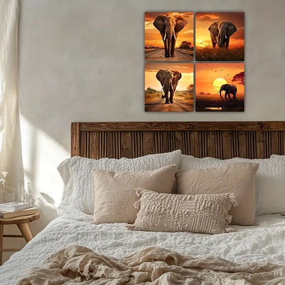 4pcs Panel African Elephant Sunrise Wall Art Canvas Framed