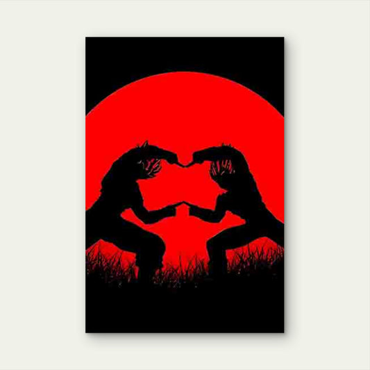 Red Circle Background with Silhouettes Making Heart 60x90cm Metal Print Ready to Hang - Bella Home Decor
