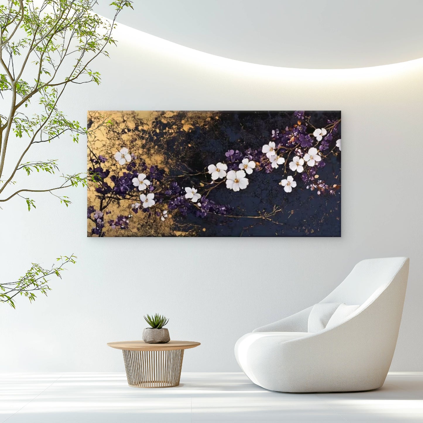 White Flowers on Golden Wall Art Canvas Office Home Room Framed 120x60cm