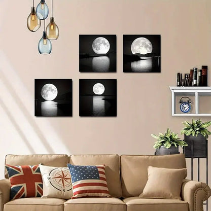 4pcs  Black White Abstract Full Moon  Wall Art Canvas Framed