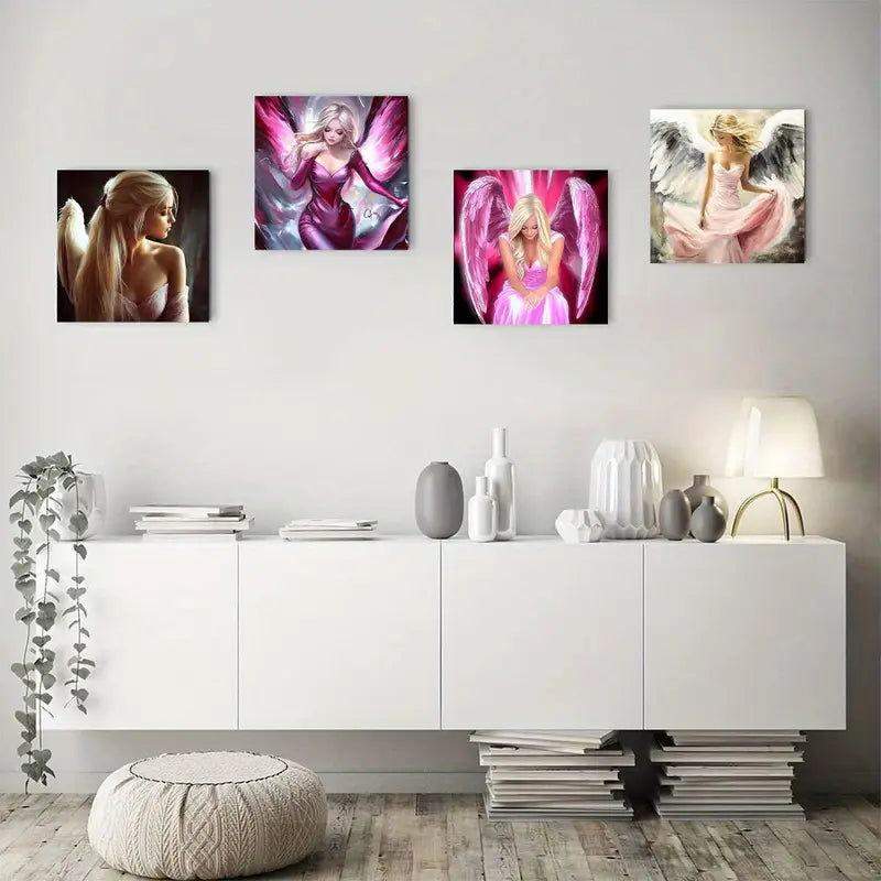 4pcs Angelic Girls In Pink Dresses, Fashionable Wall Art Canvas Framed