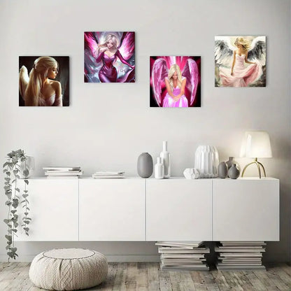 4pcs Angelic Girls In Pink Dresses, Fashionable Wall Art Canvas Framed