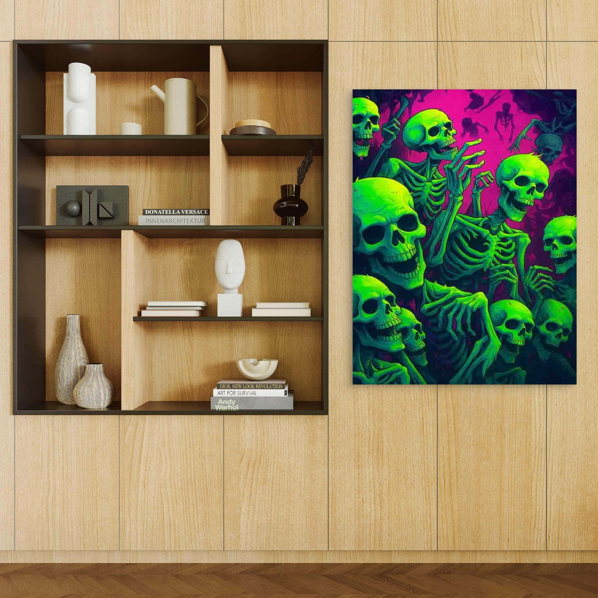 Retro Glowing Skeletons 40x60cm Metal Print Ready to Hang