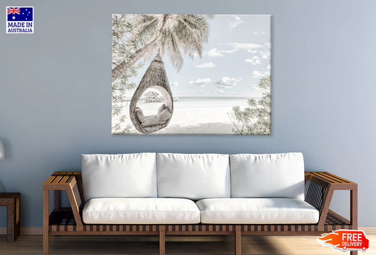 Beach Huts & Sea Palm Trees View 90x60cm Print 100% Australian Made