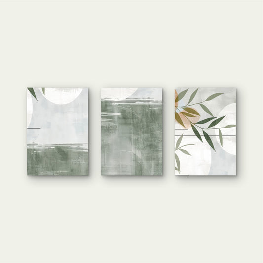 3pcs Abstract Sage Green Boho Sun Leaves Moon Wall Art Set Canvas Framed 50x70cm - High Quality Print 100% Australian Made Wall Canvas Ready to Hang