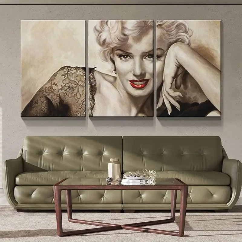 3pcs Elegant Blonde Actress Red Lips, Floral Lace Metal Print Ready to Hang Art