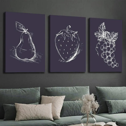 3pcs Simple Fruit Sketch Art, Pear Strawberry And Grape Metal Print Ready to Hang Art