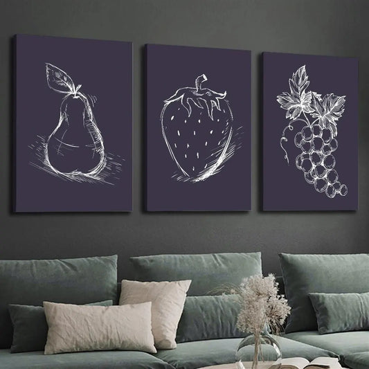 3pcs Simple Fruit Sketch Art, Pear Strawberry And Grape Metal Print Ready to Hang Art