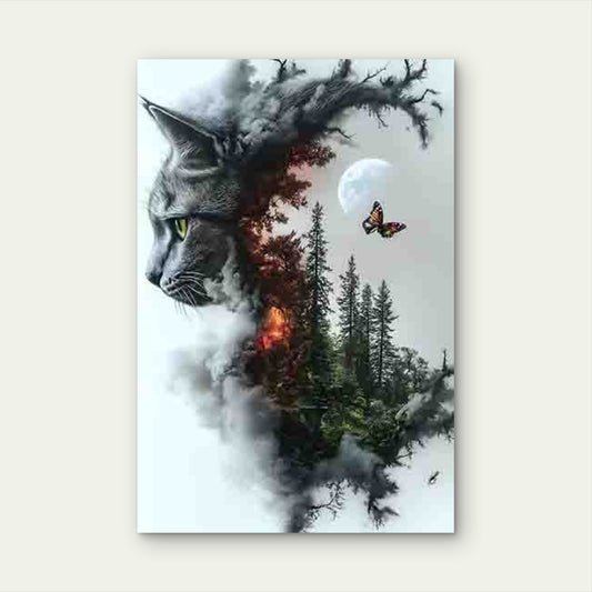 Cat and Forest Fusion Art with Butterflies 60x90cm Metal Print Ready to Hang - Bella Home Decor