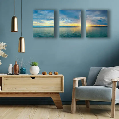 3pcs Dawn Above Sea & Blue Sky Stretched Metal Print Ready to Hang Art