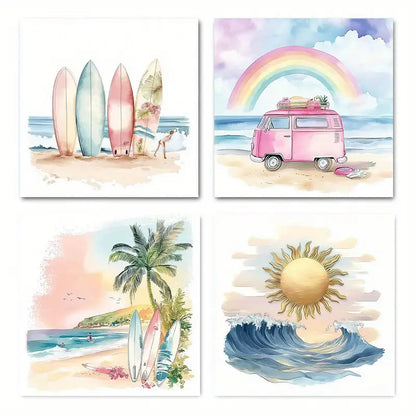 4pcs Pink Coastal Watercolor Beach,Surfboards,  Wall Art Canvas Framed