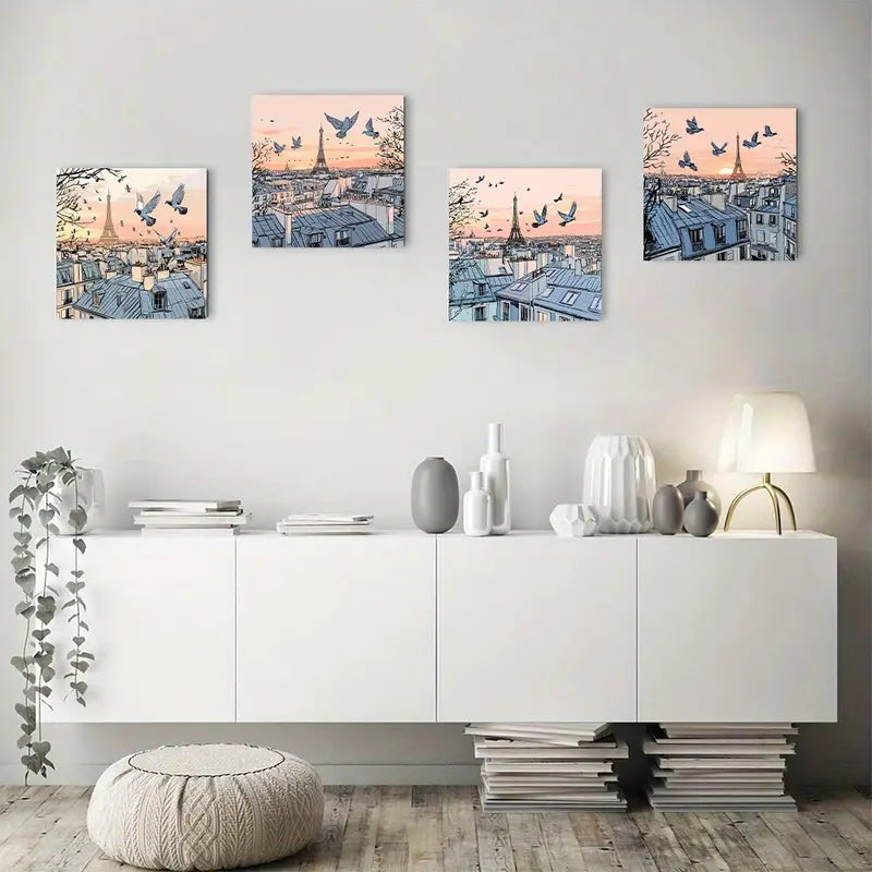 4pcs Flying Pigeons And Iron Tower Elegant  Wall Art Canvas Framed