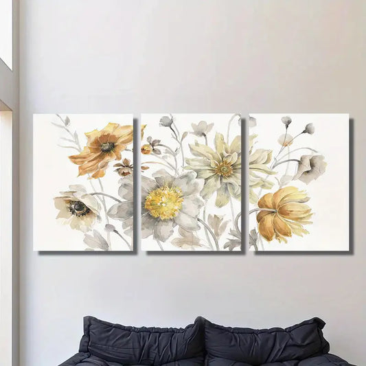 3pcs Watercolor Golden Field Flowers Botanical Metal Print Ready to Hang Art