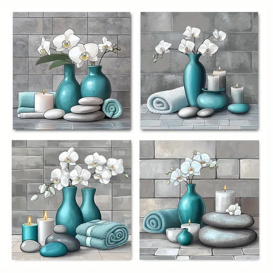 4pcs  Zen Stone Turquoise Still Life  Suitable   Wall Art Canvas Framed