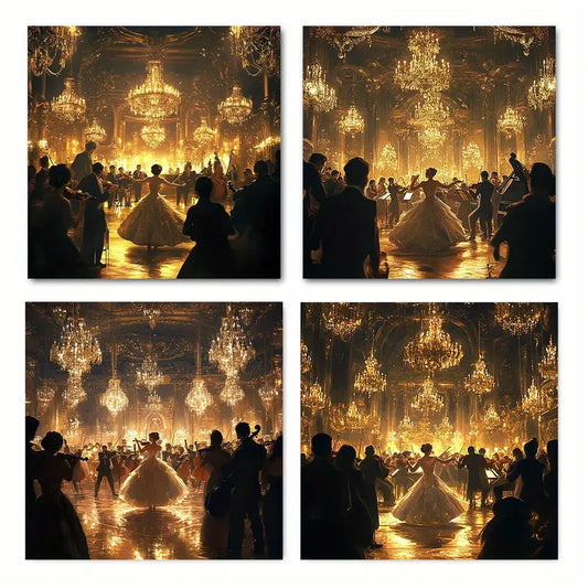 4pcs Elegant Golden Ballroom Dance Scene Wall Art Canvas Framed