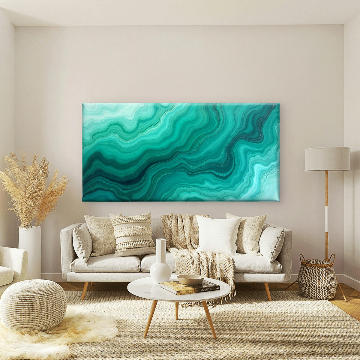 Emerald Teal Marble Waves Wall Art Canvas Office Home Room Framed 120x60cm