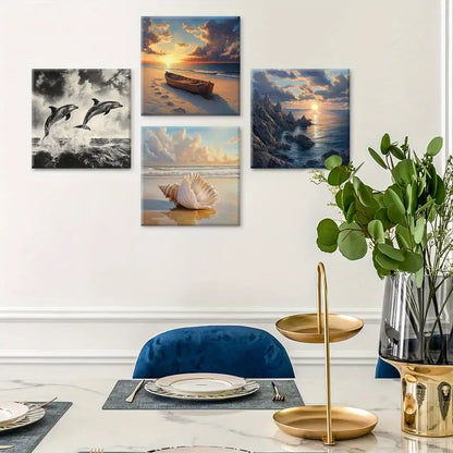4pcs Ocean Seashells Black And White Art  Wall Art Canvas Framed