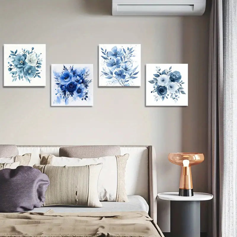 4pcs  Flowers Wall Art, Blue And White Palette Wall Art Canvas Framed