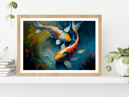 Sanke Koi Fish Oil Painting Glass Framed Wall Art, Ready to Hang Quality Print With White Border Oak