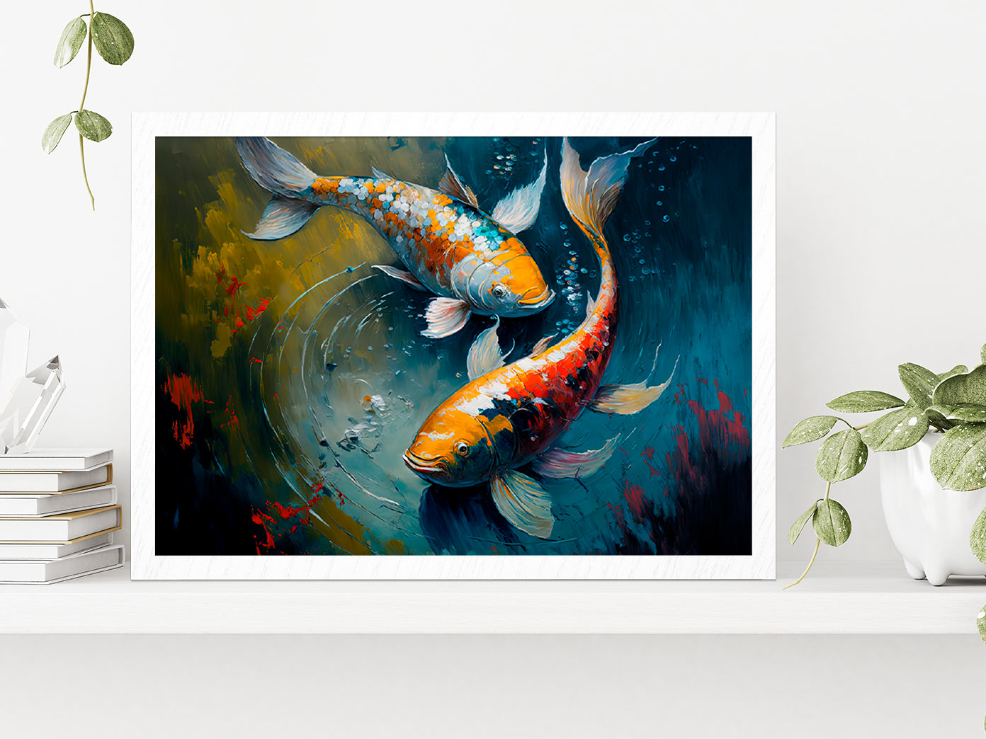 Sanke Koi Fish Oil Painting Glass Framed Wall Art, Ready to Hang Quality Print Without White Border White