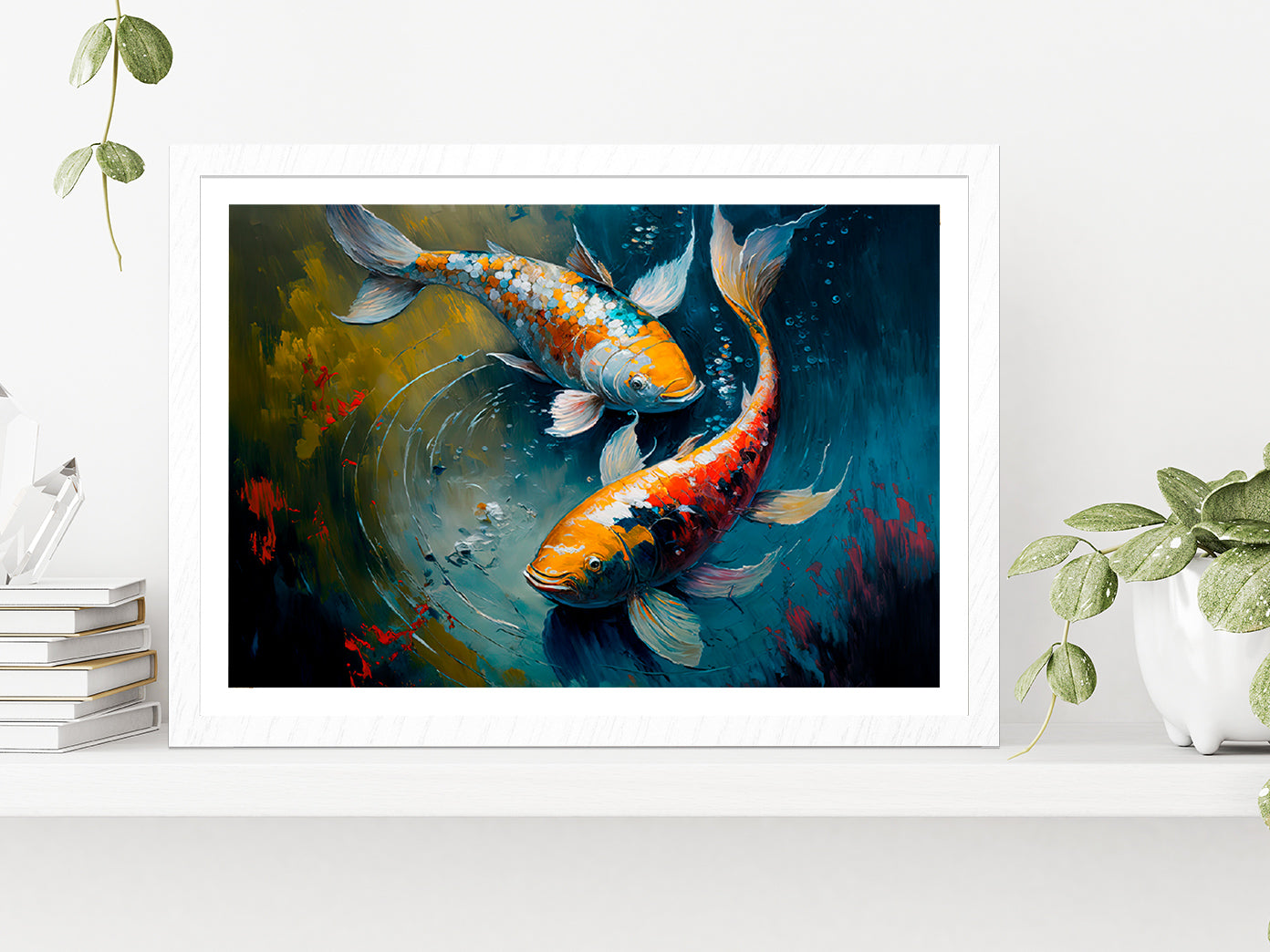 Sanke Koi Fish Oil Painting Glass Framed Wall Art, Ready to Hang Quality Print With White Border White