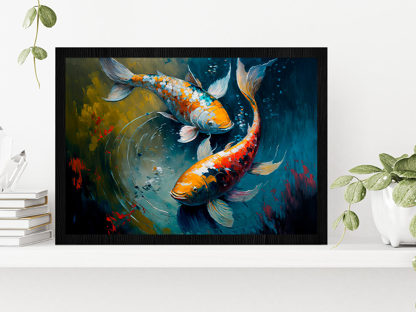 Sanke Koi Fish Oil Painting Glass Framed Wall Art, Ready to Hang Quality Print Without White Border Black