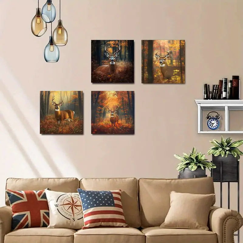 4pcs Autumn Deer Whitetail Buck Wildlife Wall Art Canvas Framed