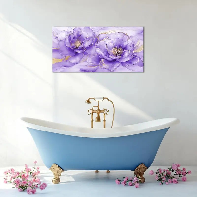 Abstract Flower Blue And Golden Floral Wall Art canvas office home room framed 120x60cm