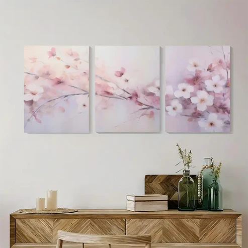 3pcs Blush Pink & Lavender Floral Painting Triptych Dreamy Wall Art Set Canvas Unframed - High Quality Print 100% Australian Made Wall Canvas