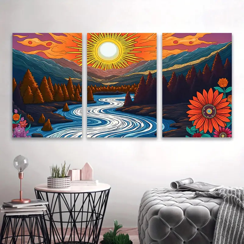 3pcs Vibrant River Sunset Nature Landscape Wall Art Set Canvas Framed 60x90cm - High Quality Print 100% Australian Made Wall Canvas Ready to Hang