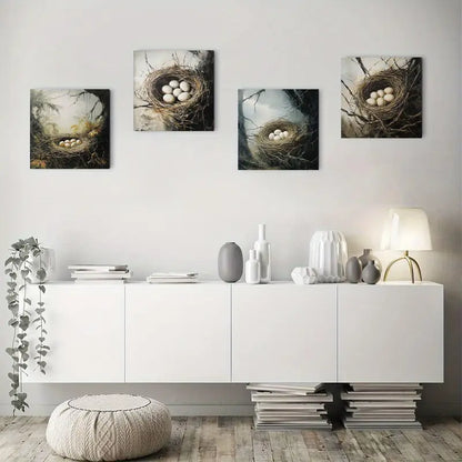4pcs  Baby Bird Nest Nature Scene Wall Art Canvas Framed