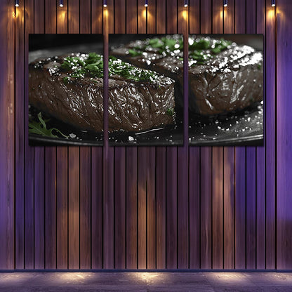3pcs Cooked Beef Steak served with Fresh Herbs Wall Art Set Canvas Framed 60x90cm - High Quality Print 100% Australian Made Wall Canvas Ready to Hang