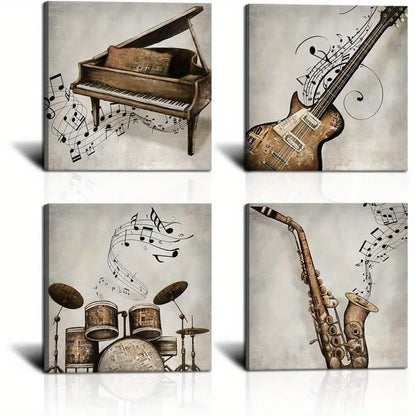4pcs Vintage Piano, Guitar, Saxophone & Drum Set Wall Art Canvas Framed