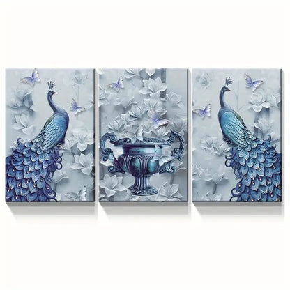 3pcs Blue Peacock Floral Paintings  Metal Print Ready to Hang Art