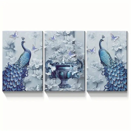 3pcs Blue Peacock Floral Paintings  Metal Print Ready to Hang Art