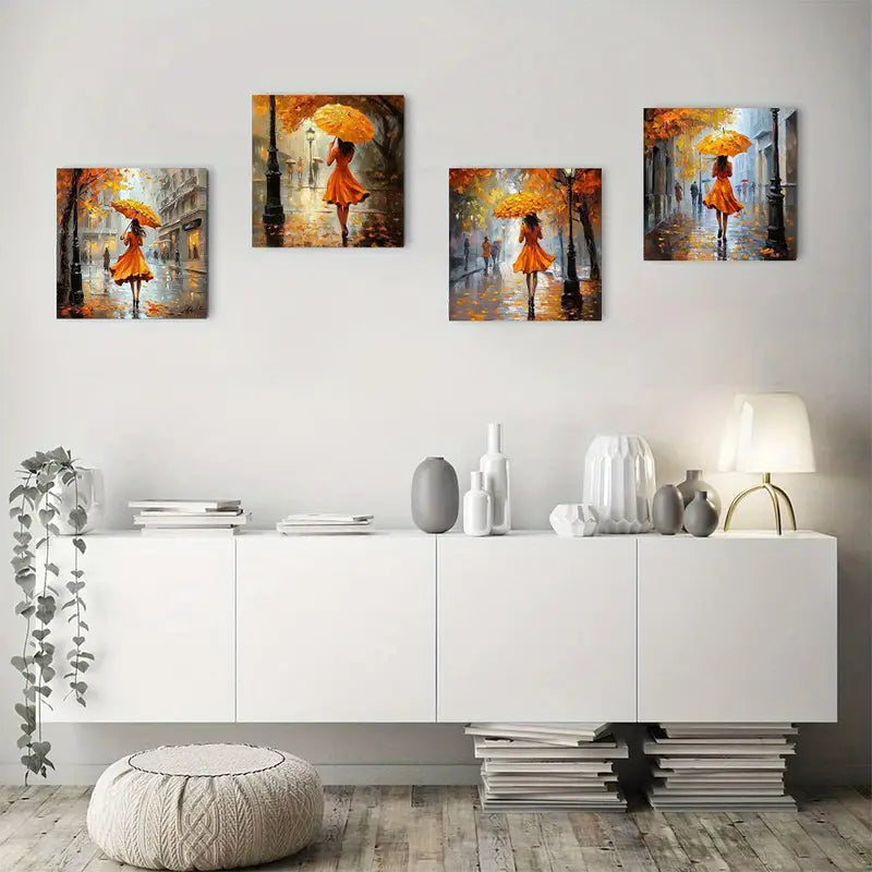 4pcs Autumn Street Scene Vintage Abstract Canvas Wall Art Canvas Framed