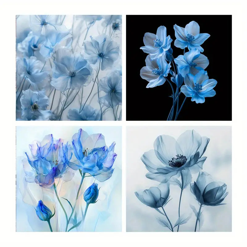 4pcs Blue Paintings, Transparency Wall Art Canvas Framed