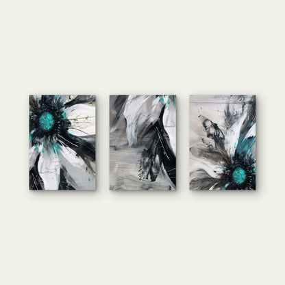 3pcs Abstract Teal Black White Flower Painting Wall Art Set Canvas Framed 60x90cm - High Quality Print 100% Australian Made Wall Canvas Ready to Hang