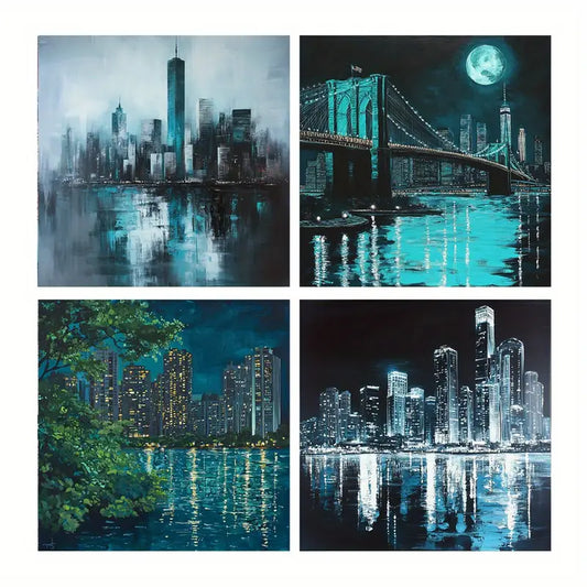4pcs Nightscape City Poster Wall Art Canvas Framed