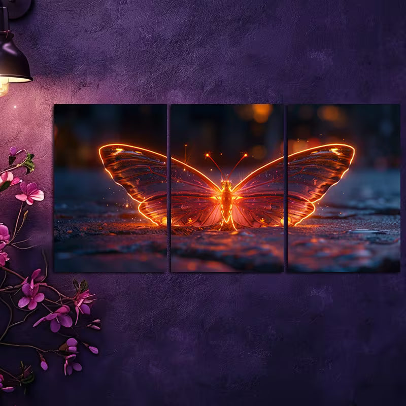 3pcs Glowing Crystal Butterfly Wall Art Set Canvas Framed 40x60cm - High Quality Print 100% Australian Made Wall Canvas Ready to Hang