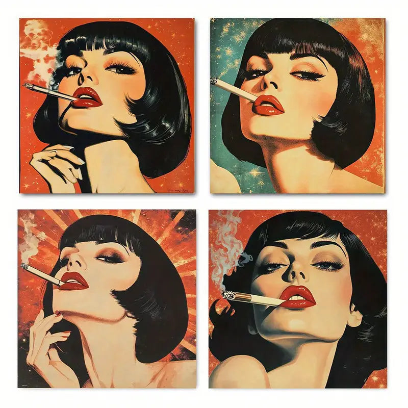 4pcs Retro Smoking Woman In Space Cosmic Tripp Wall Art Canvas Framed