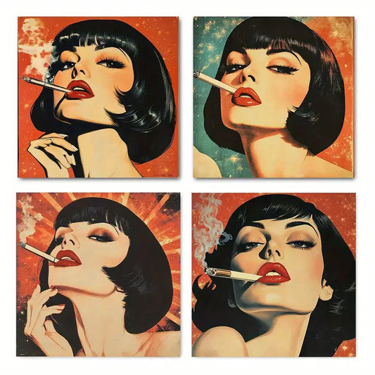 4pcs Retro Smoking Woman In Space Cosmic Tripp Wall Art Canvas Framed