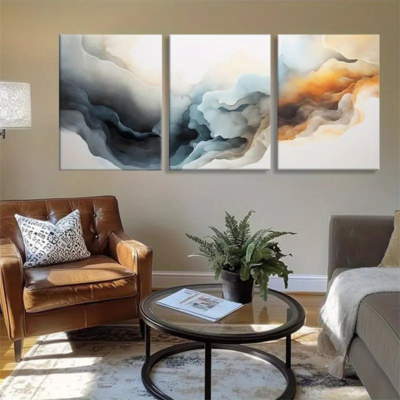 3pcs Soft Smoke Waves with Muted Tones Abstract Metal Print Ready to Hang Art