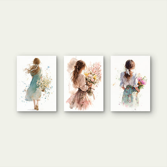 3pcs Shabby Chic Watercolor Woman Painting Wall Art Set Canvas Framed 50x70cm - High Quality Print 100% Australian Made Wall Canvas Ready to Hang