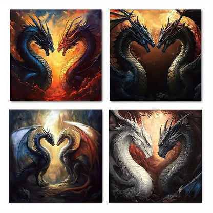 4pcs Evil Dragons Wall Art Canvas Framed